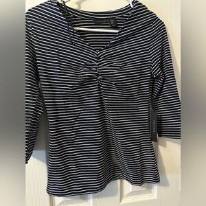 Tahari Womens Top Size XS Navy Blue Striped Ruched Front V-Neck Pullover Tee